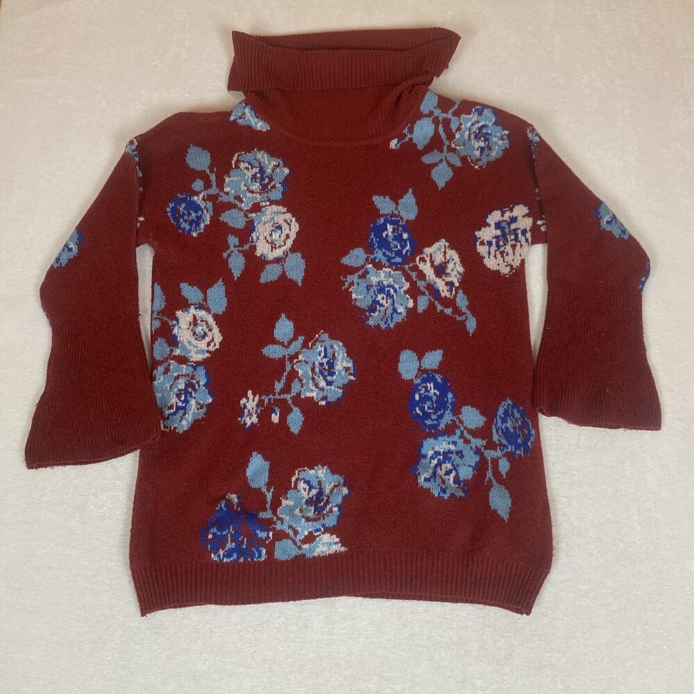 Pioneer Woman Floral Turtleneck Chunky Knit Sweater Red Blue Cozy Cottagecore XL